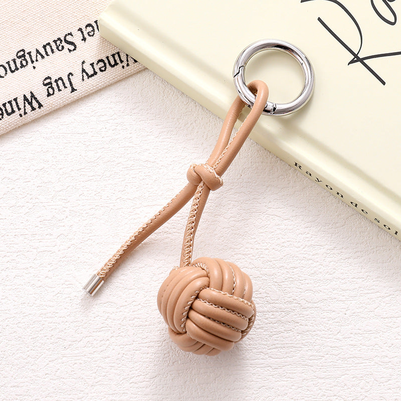 Woven Knot Ball Leather Keychain - Khaki
