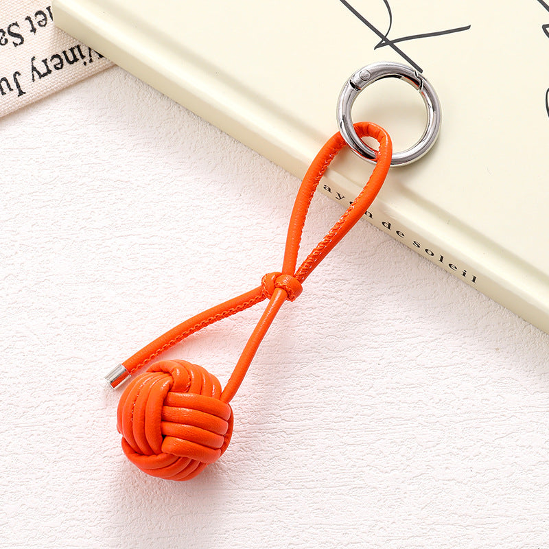 Woven Knot Ball Leather Keychain - Orange