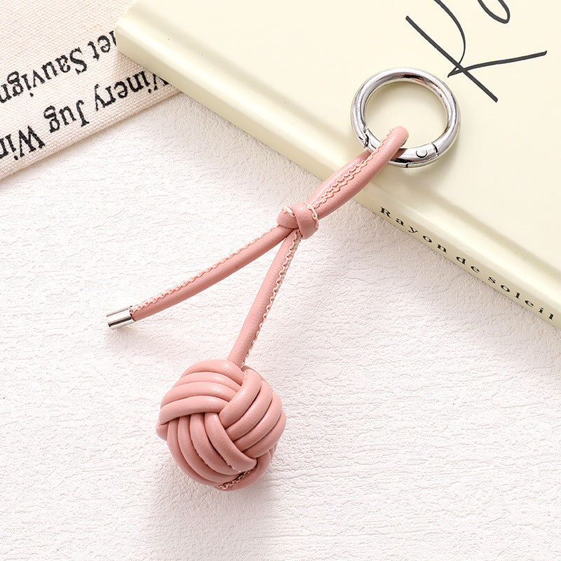 Woven Knot Ball Leather Keychain - Pink-1