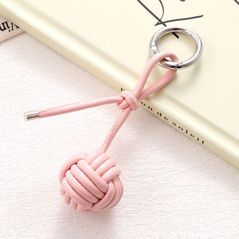 Woven Knot Ball Leather Keychain - Pink-2