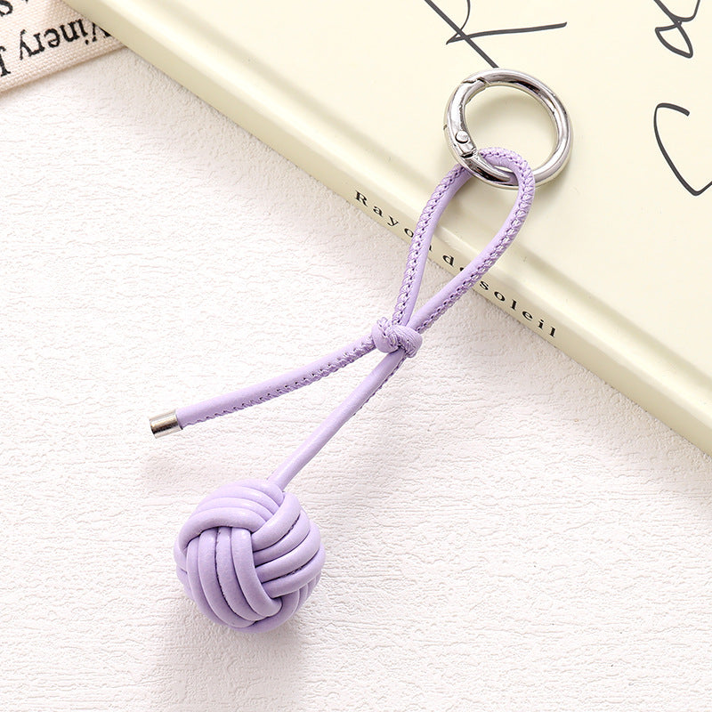 Woven Knot Ball Leather Keychain - Purple