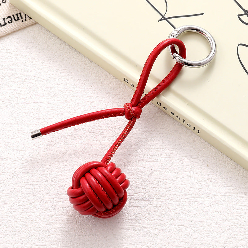 Woven Knot Ball Leather Keychain - Red