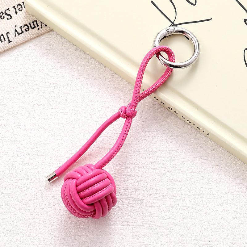 Woven Knot Ball Leather Keychain - Rosered