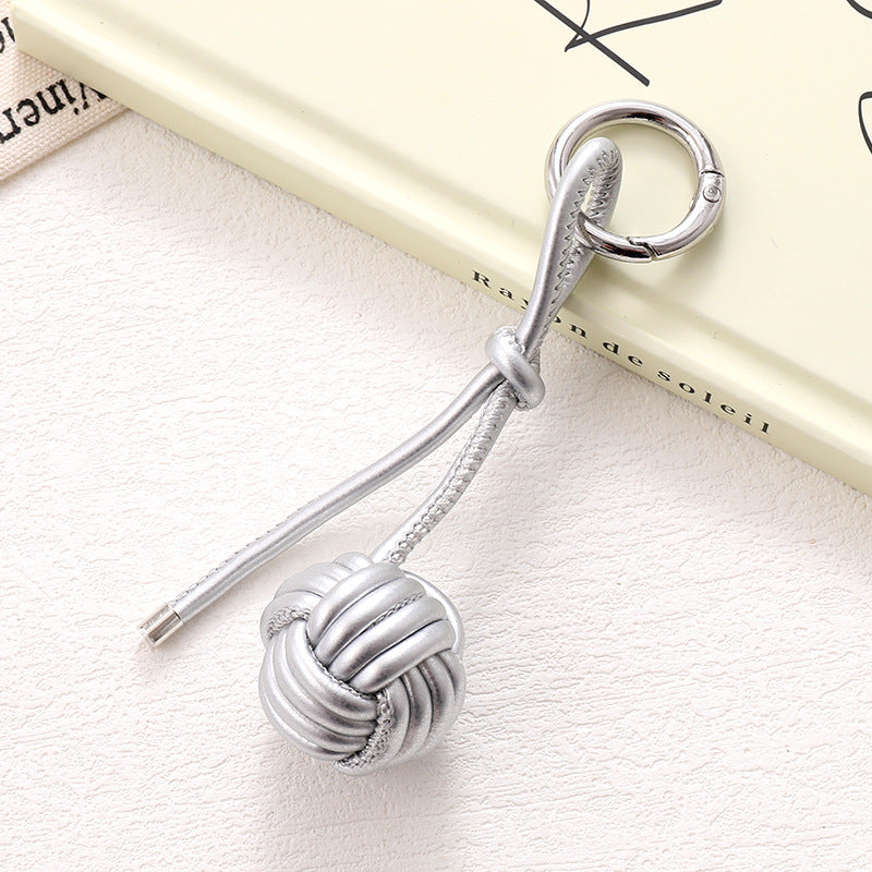 Woven Knot Ball Leather Keychain - Silvery