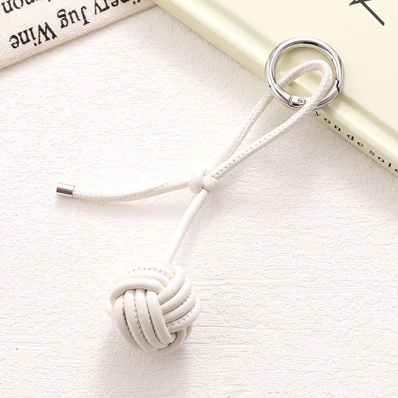 Woven Knot Ball Leather Keychain - White