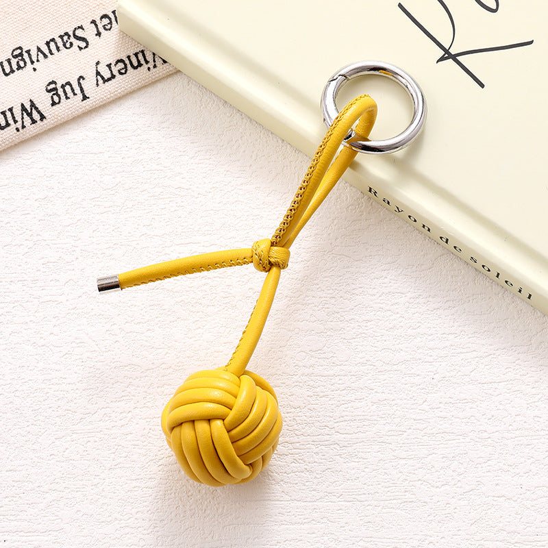 Woven Knot Ball Leather Keychain - Yellow