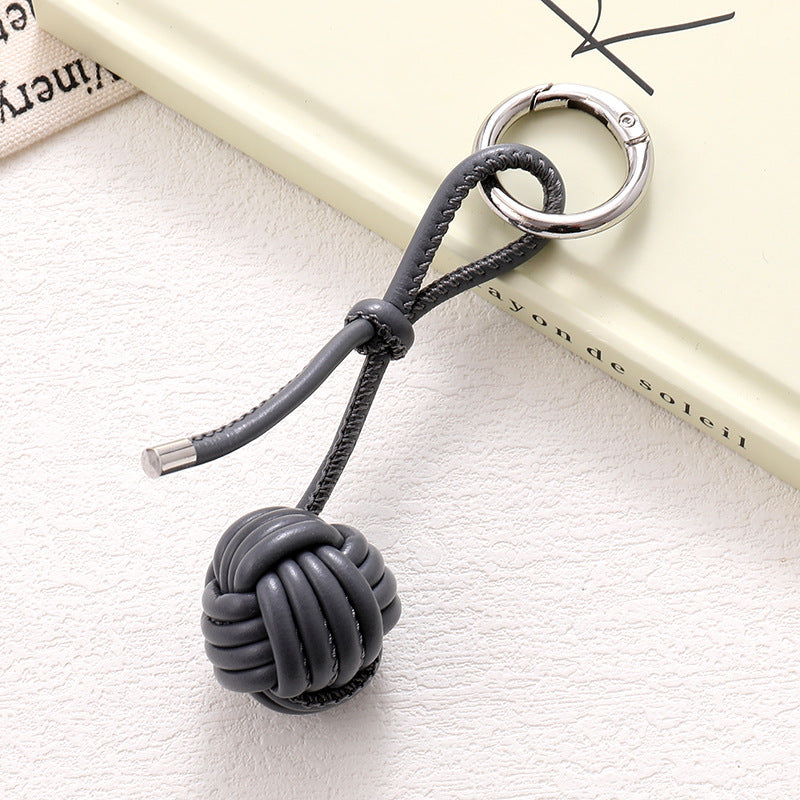 Woven Knot Ball Leather Keychain - darkgrey