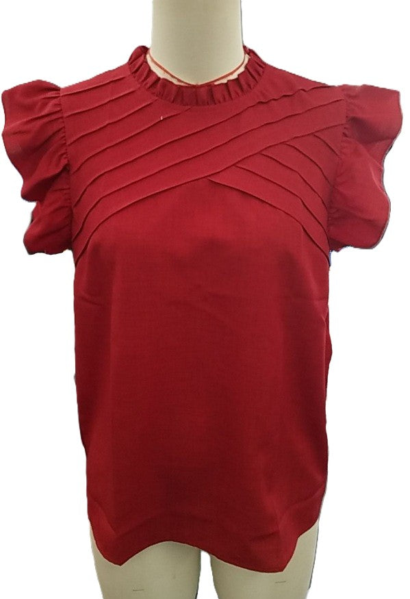 Pintuck Yoke Ruffle Sleeve Blouse - Winered