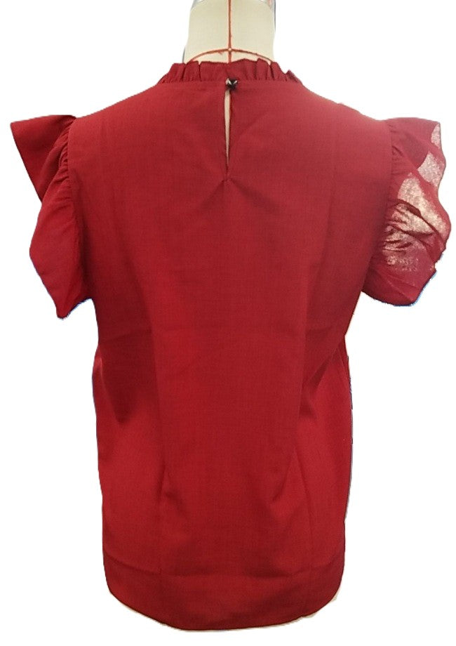 Pintuck Yoke Ruffle Sleeve Blouse - Winered - 1