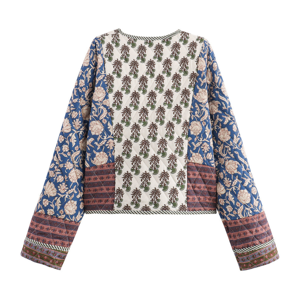Woodblock Floral Quilted Jacket With Contrast Cuffs - Blue