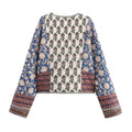 Woodblock Floral Quilted Jacket With Contrast Cuffs - Blue