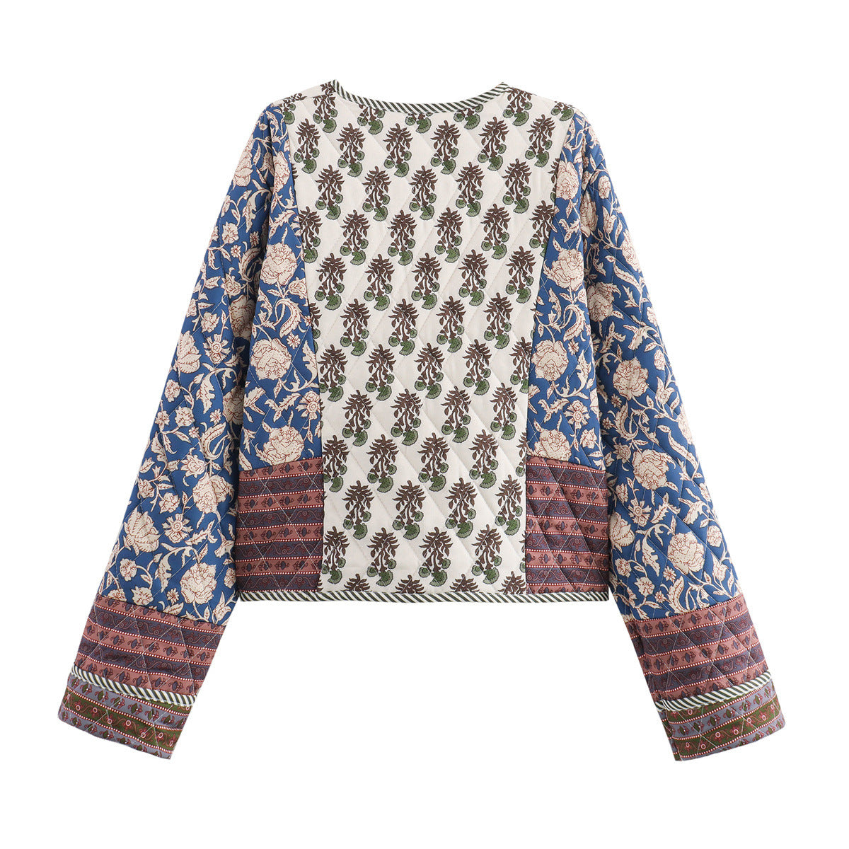 Woodblock Floral Quilted Jacket With Contrast Cuffs - Blue