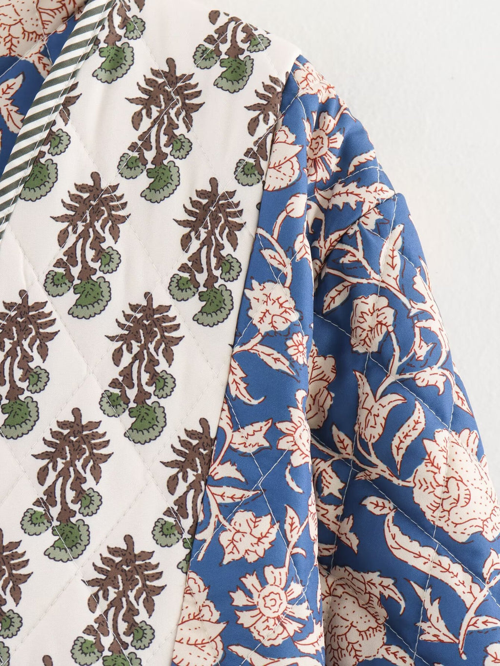 Woodblock Floral Quilted Jacket With Contrast Cuffs - Blue - 3