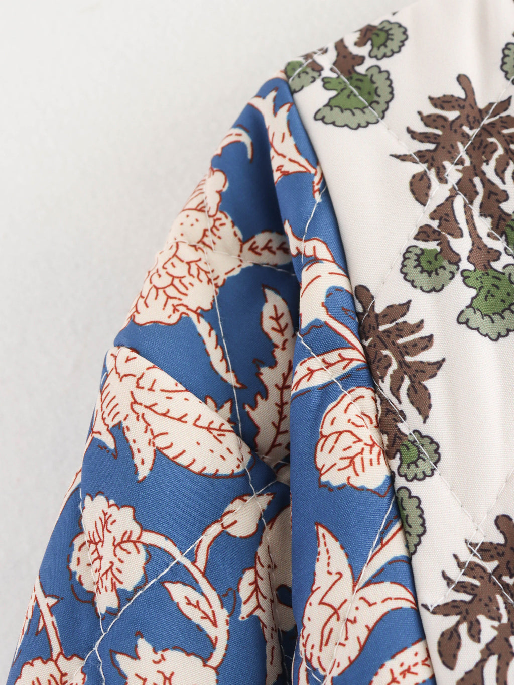 Woodblock Floral Quilted Jacket With Contrast Cuffs - Blue - 4