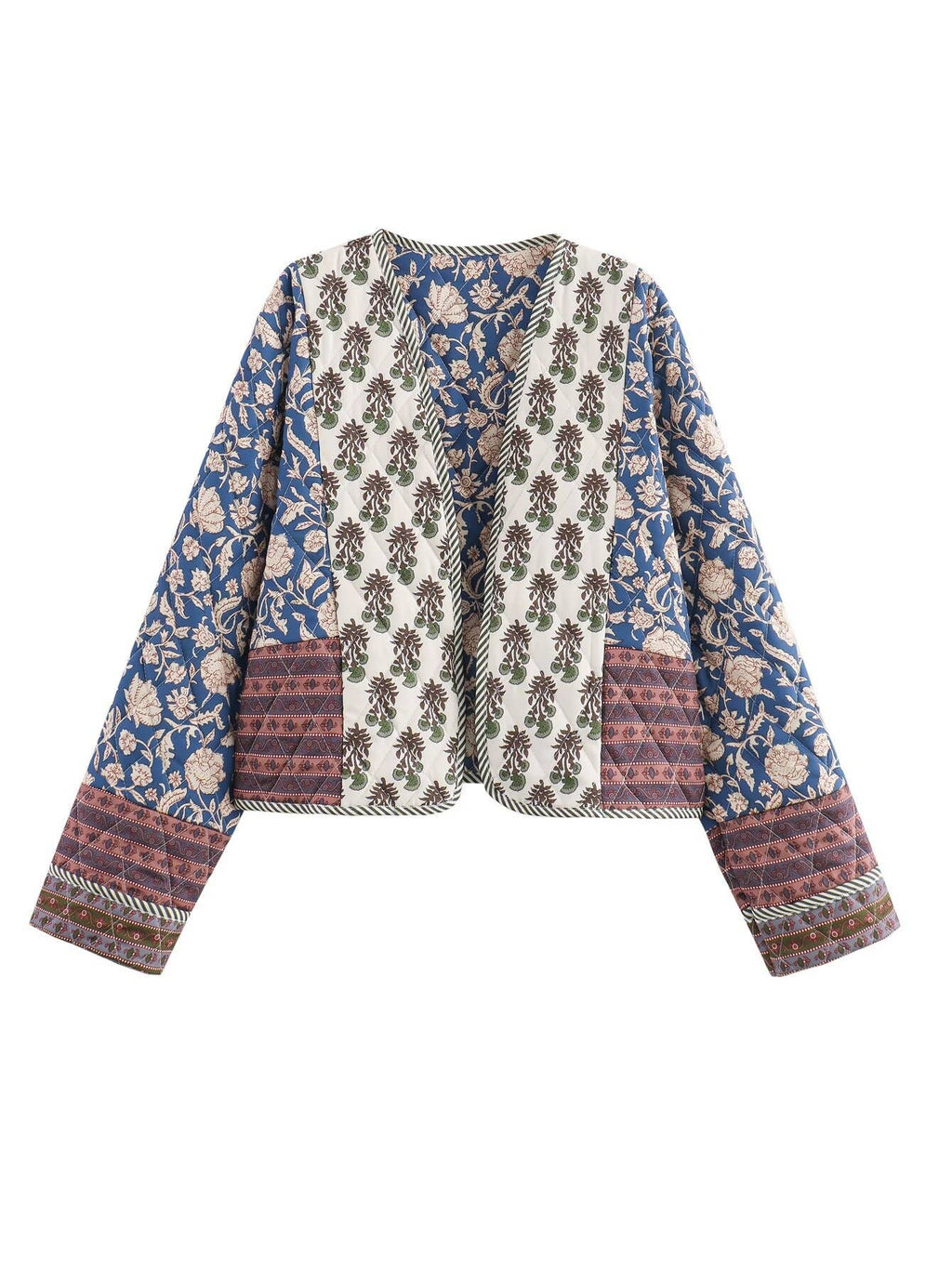 Woodblock Floral Quilted Jacket With Contrast Cuffs