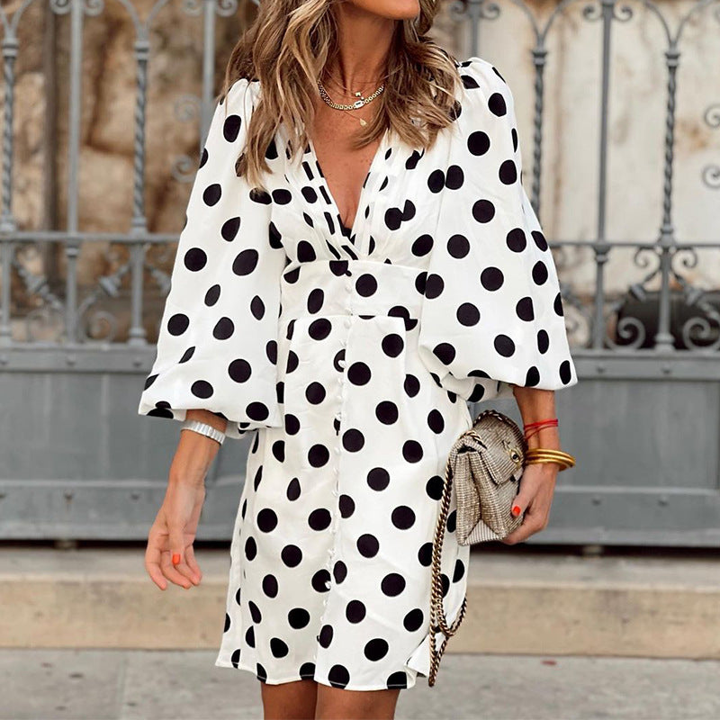 Monochrome Dot Print Balloon Sleeve Mini Dress - White