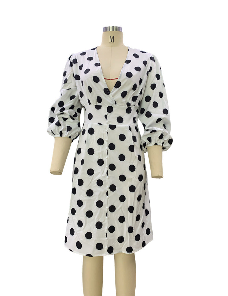 Monochrome Dot Print Balloon Sleeve Mini Dress - White - 2