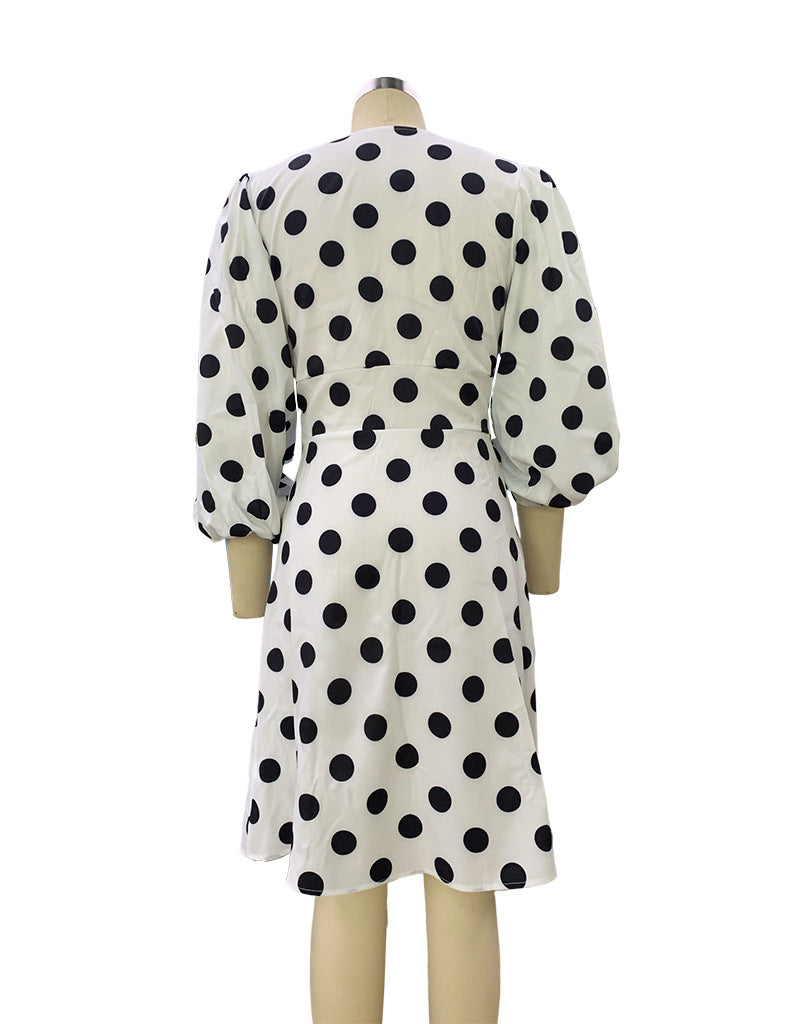 Monochrome Dot Print Balloon Sleeve Mini Dress - White - 3