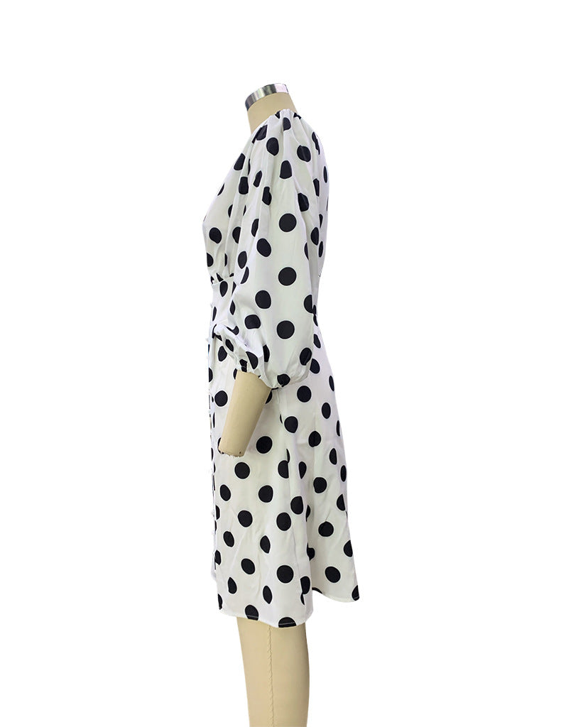 Monochrome Dot Print Balloon Sleeve Mini Dress - White - 4