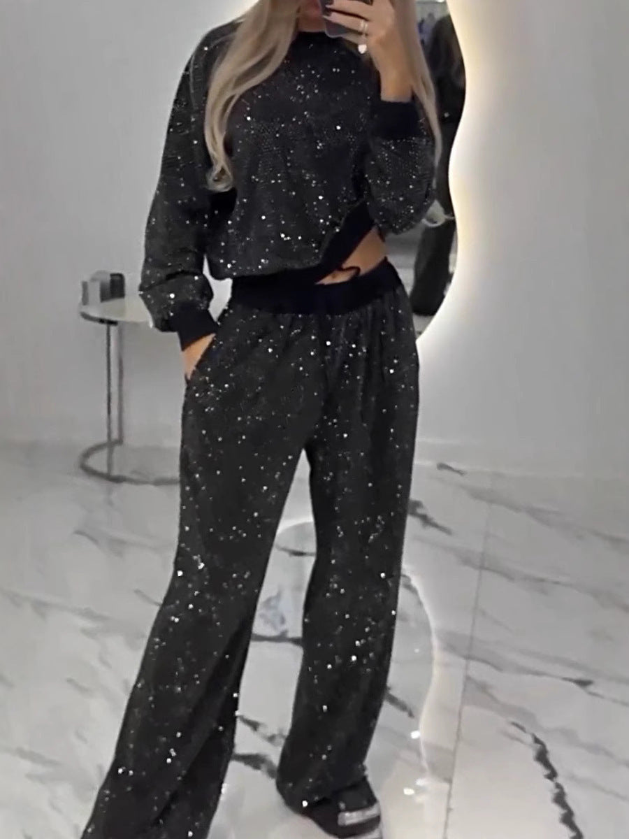 Glitter Knit Sweatshirt and Wide Leg Pants Set - black