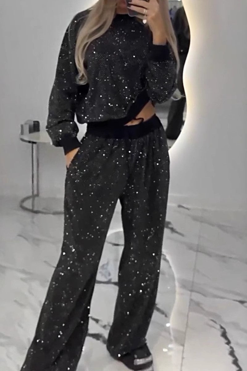 Glitter Knit Sweatshirt and Wide Leg Pants Set - black - 2