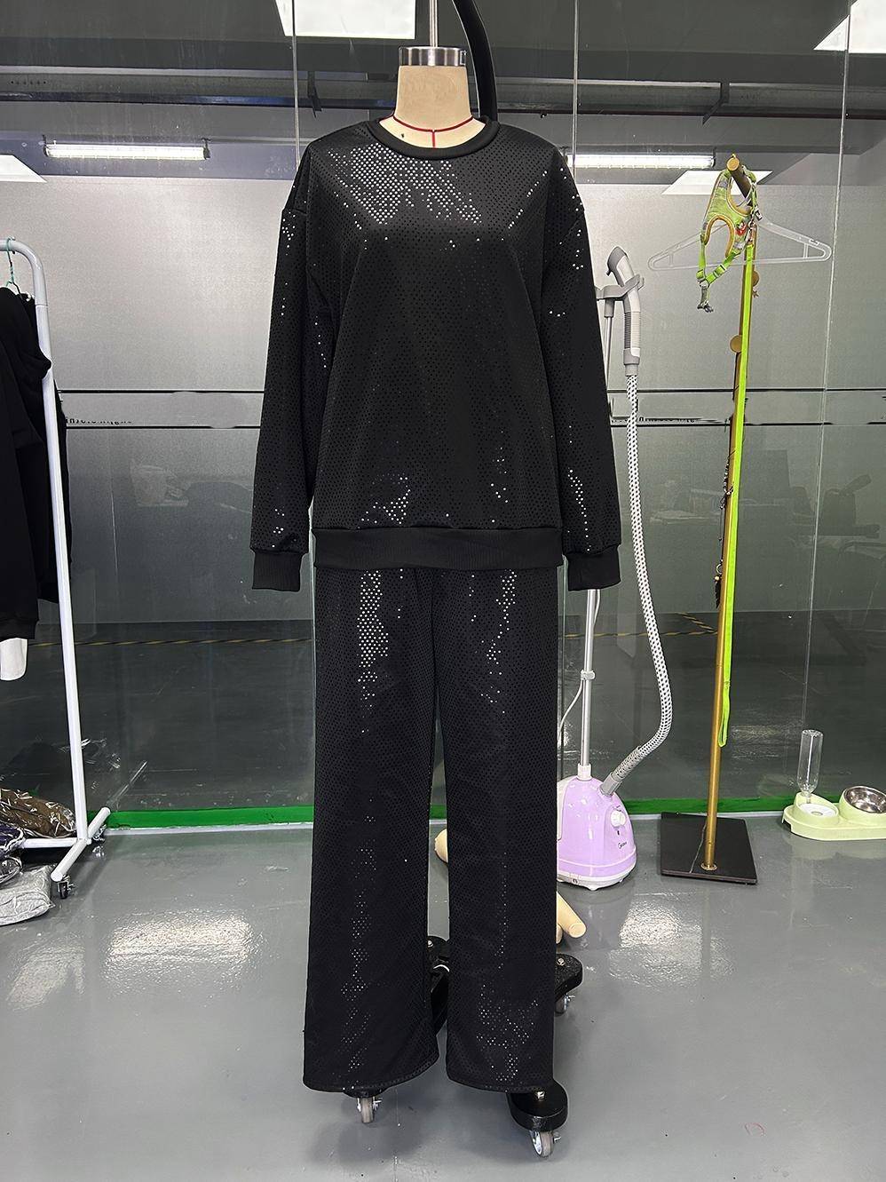 Glitter Knit Sweatshirt and Wide Leg Pants Set - black - 4