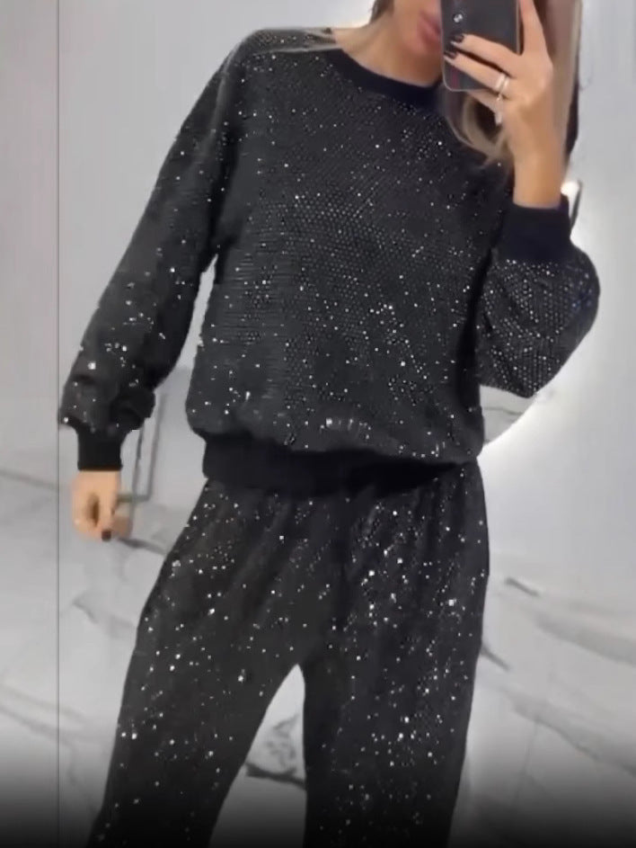 Glitter Knit Sweatshirt and Wide Leg Pants Set - black - 5