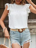 Lace Neck Flutter Sleeve Jacquard Blouse - White