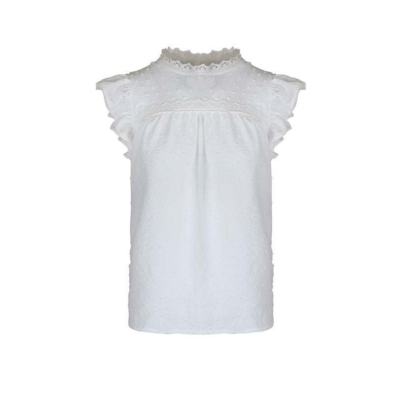Lace Neck Flutter Sleeve Jacquard Blouse - White - 4