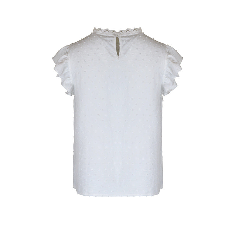 Lace Neck Flutter Sleeve Jacquard Blouse - White - 6