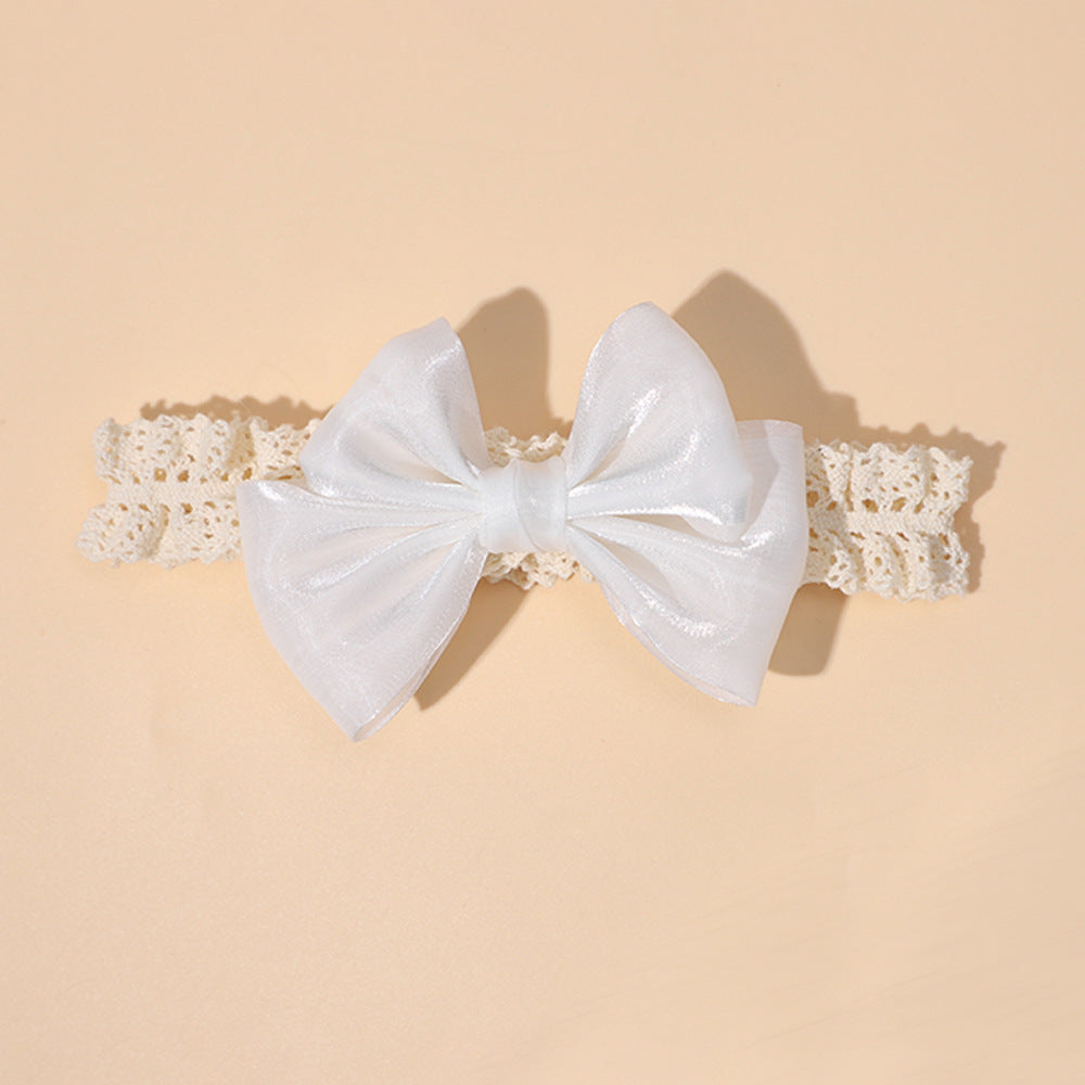 Glossy Bow Lace Trim Baby Headband - White