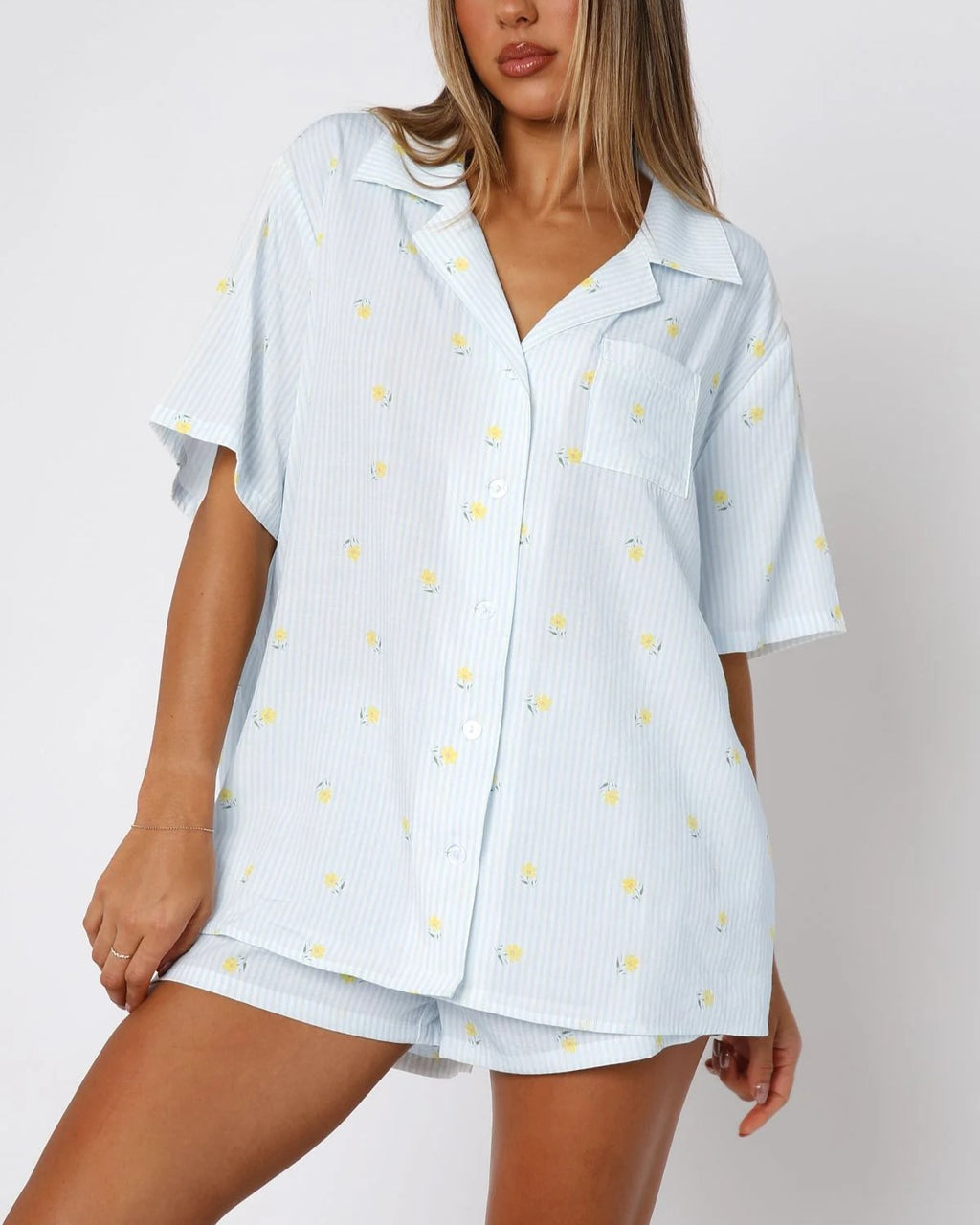 Striped Heart Print Short Pajama Set - Blue