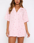 Striped Heart Print Short Pajama Set - PinkLove
