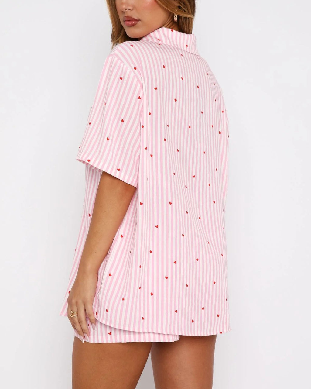 Striped Heart Print Short Pajama Set - PinkLove - 1