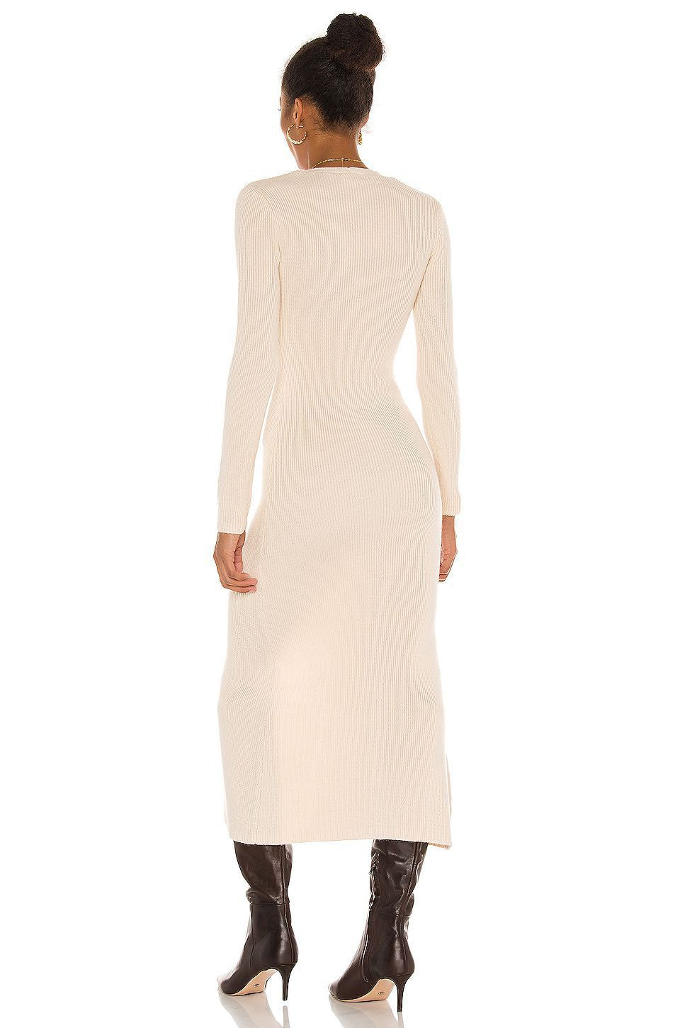 Ribbed Knit Button Front Midi Dress - Biege - 1