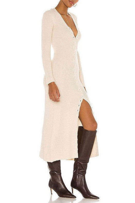Ribbed Knit Button Front Midi Dress - Biege - 2