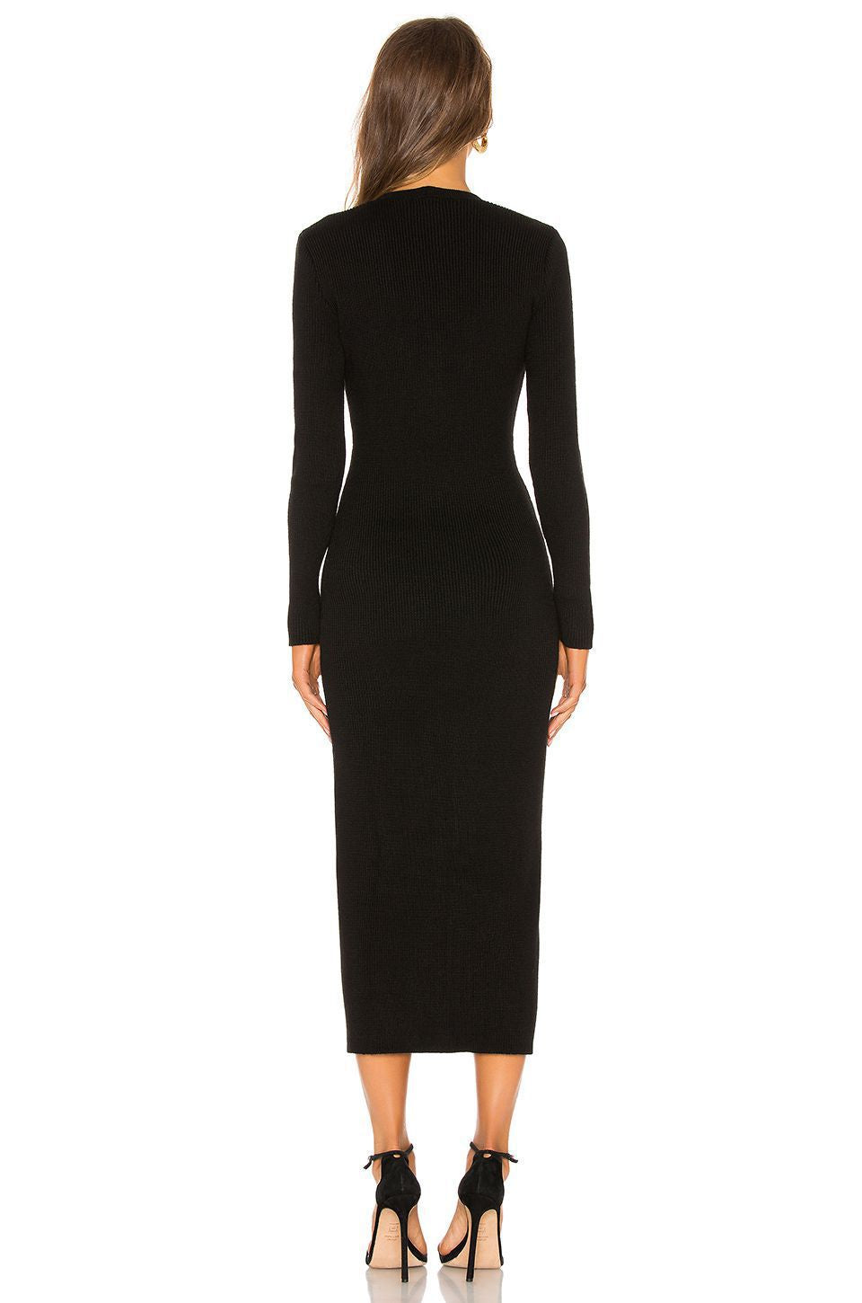 Ribbed Knit Button Front Midi Dress - Black - 1