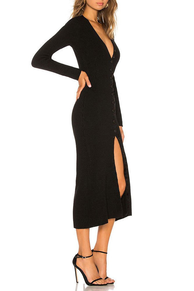 Ribbed Knit Button Front Midi Dress - Black - 2