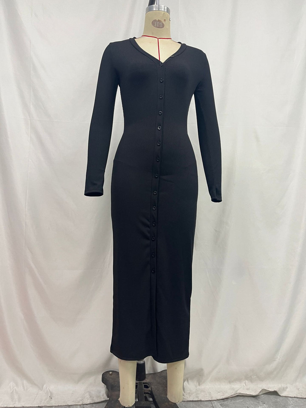 Ribbed Knit Button Front Midi Dress - Black - 3