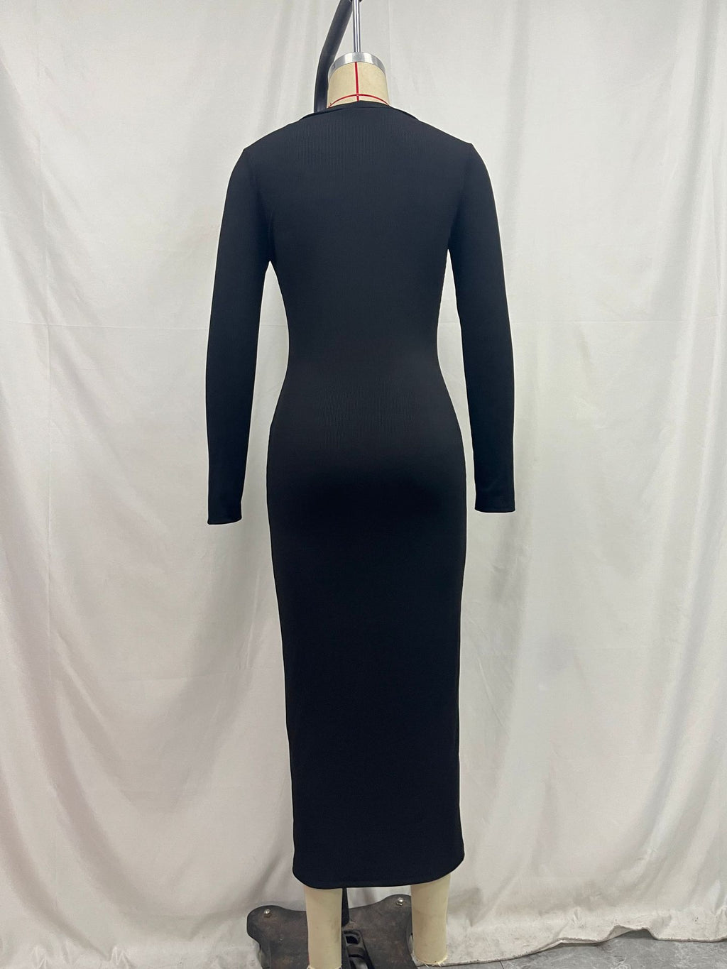 Ribbed Knit Button Front Midi Dress - Black - 4