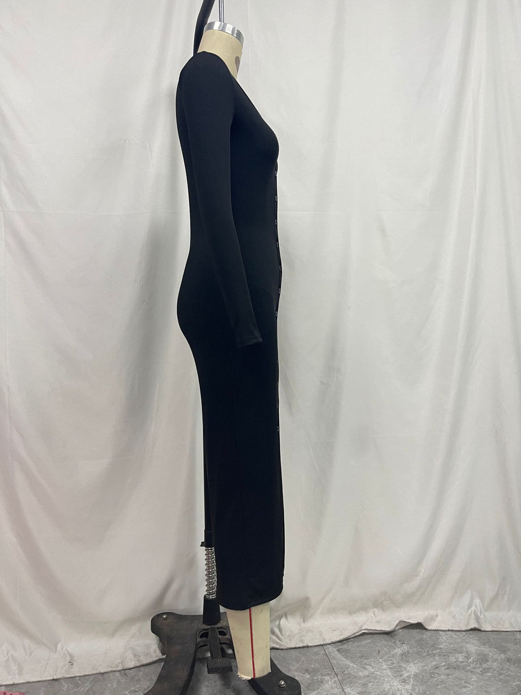 Ribbed Knit Button Front Midi Dress - Black - 5