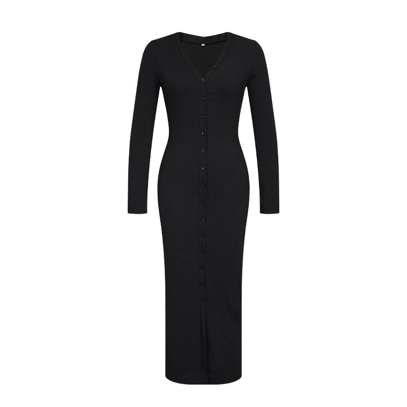 Ribbed Knit Button Front Midi Dress - Black - 6