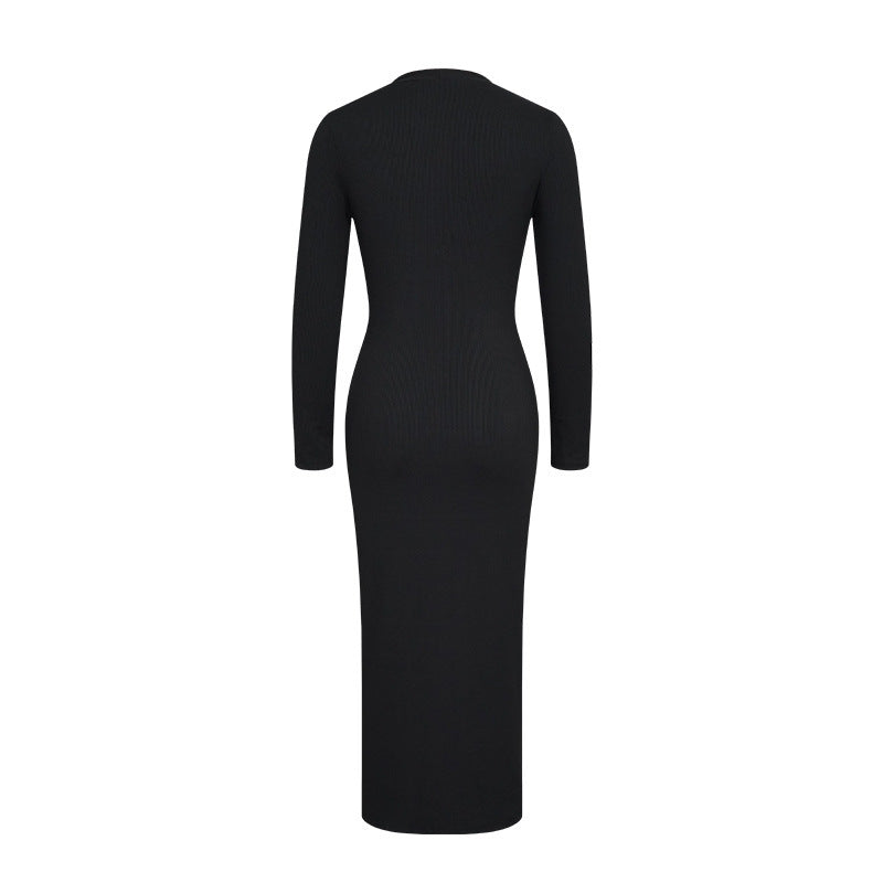 Ribbed Knit Button Front Midi Dress - Black - 7