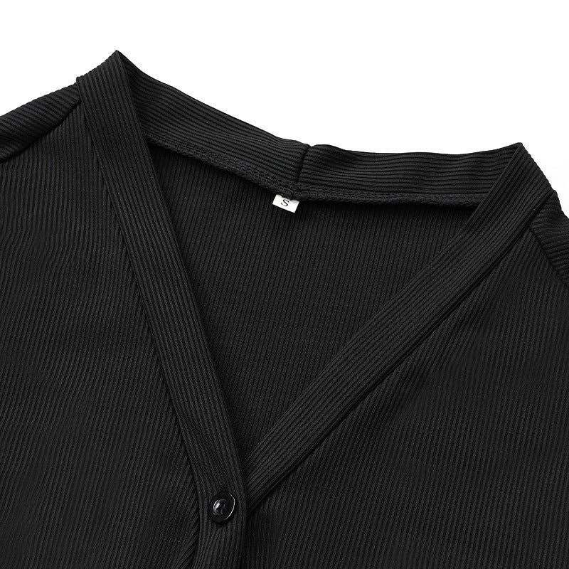 Ribbed Knit Button Front Midi Dress - Black - 8