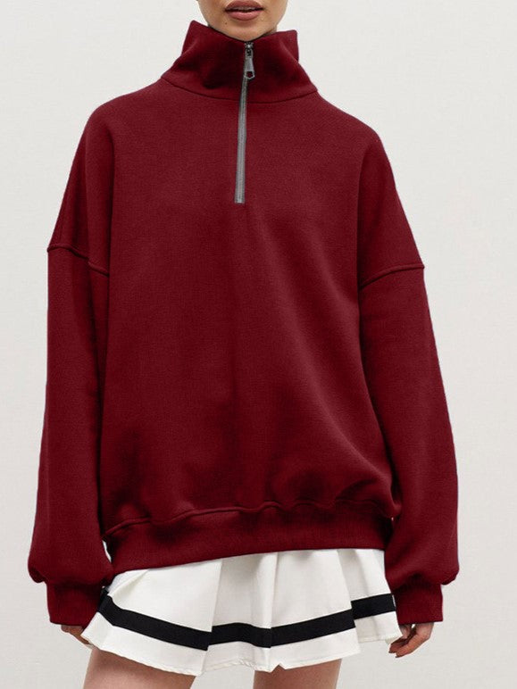 Half Zip Funnel Neck Oversized Sweatshirt - Burgundy