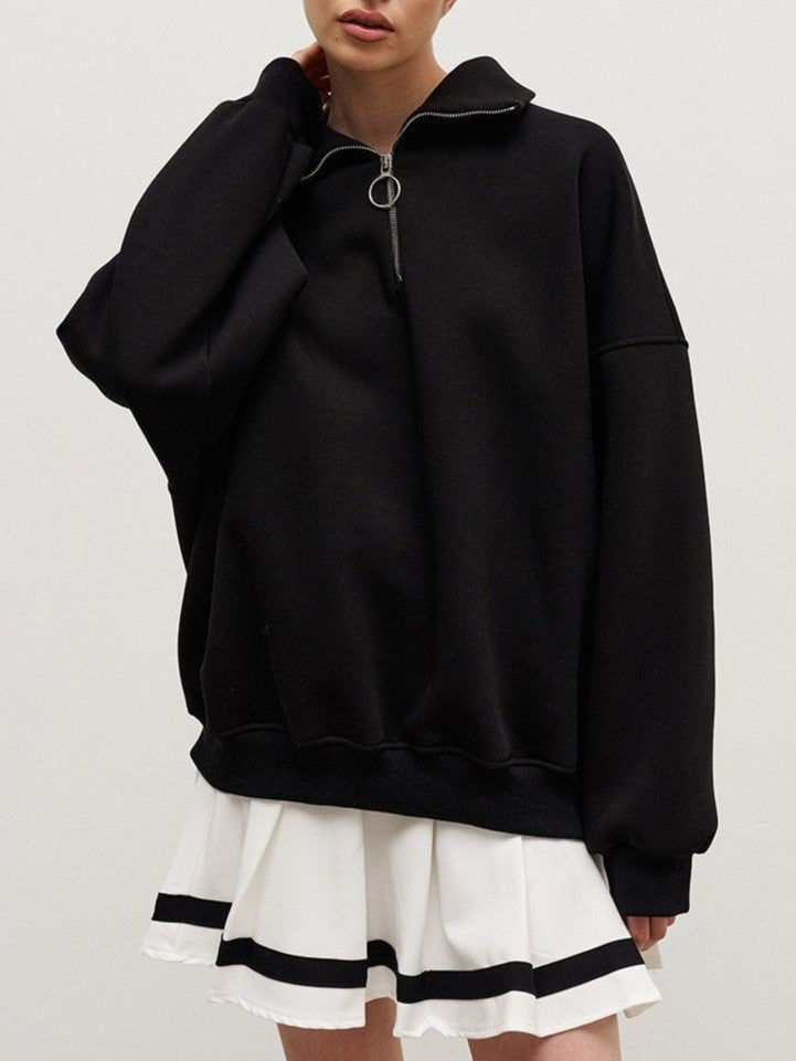 Half Zip Funnel Neck Oversized Sweatshirt - black