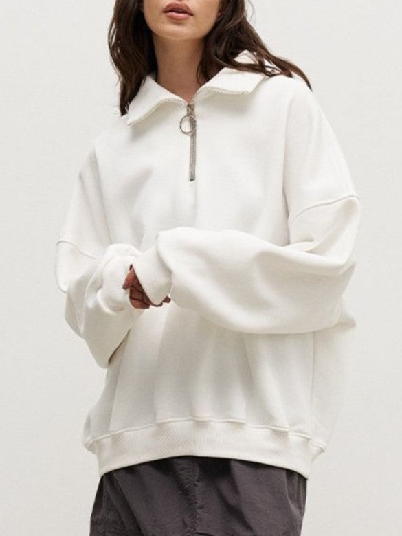Half Zip Funnel Neck Oversized Sweatshirt - white