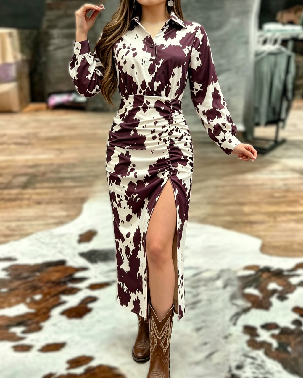 Cow Print Ruched Waist Midi Shirt Dress - Cow