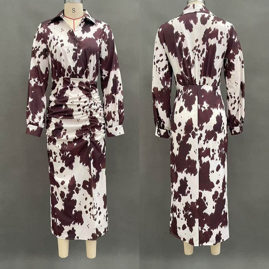 Cow Print Ruched Waist Midi Shirt Dress - Cow - 1