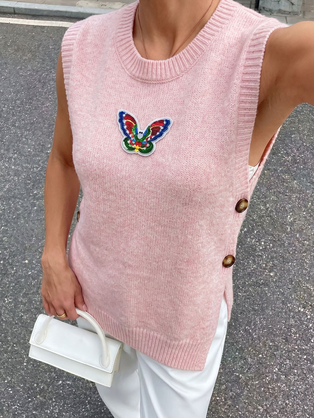 Beaded Butterfly Sleeveless Sweater Vest - Pink